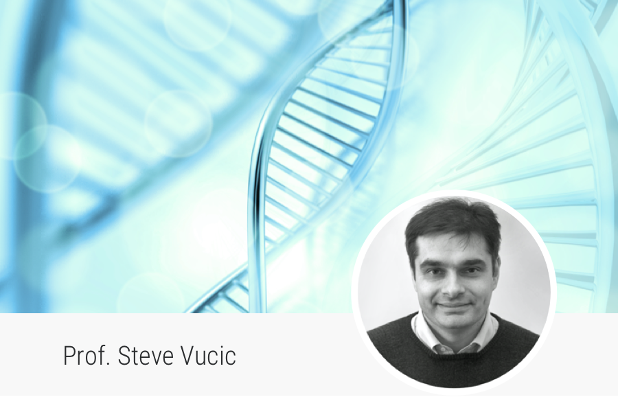 Background image of DNA’s structure and portrait of Prof. Steve Vucic