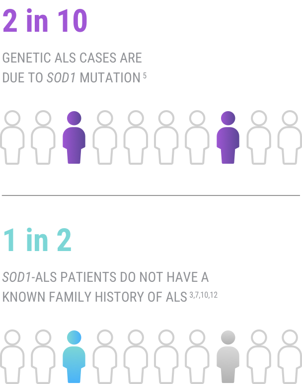 Infographic showing that 2 in 10 genetic ALS cases are due to SOD1 mutation and that 1 in 2 SOD1 ALS patients have no family history.