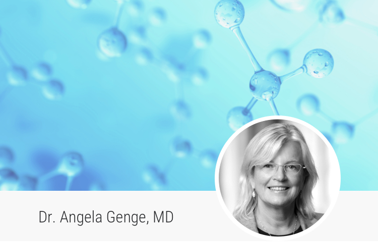 Background image of a genetic structure and portrait of Dr. Angela Genge, MD