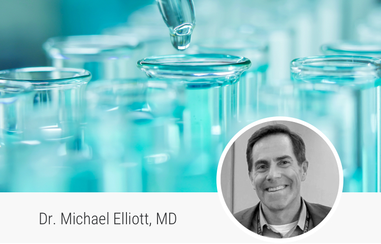 Background image of a laboratory test And portrait of Dr. Michael Elliott, MD