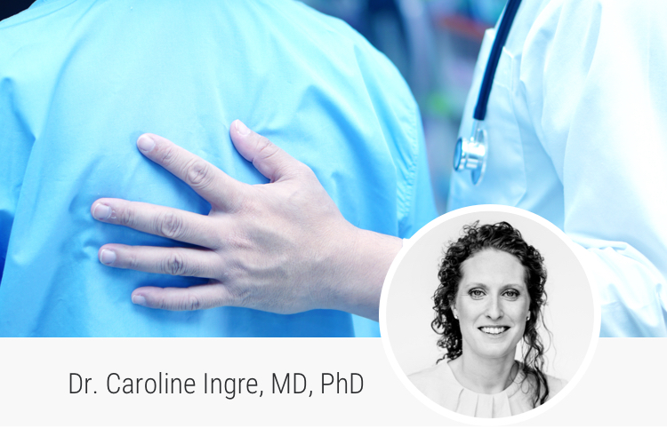 Background image of an healthcare professional visiting a patient and portrait of Dr. Caroline Ingree, MD, PhD