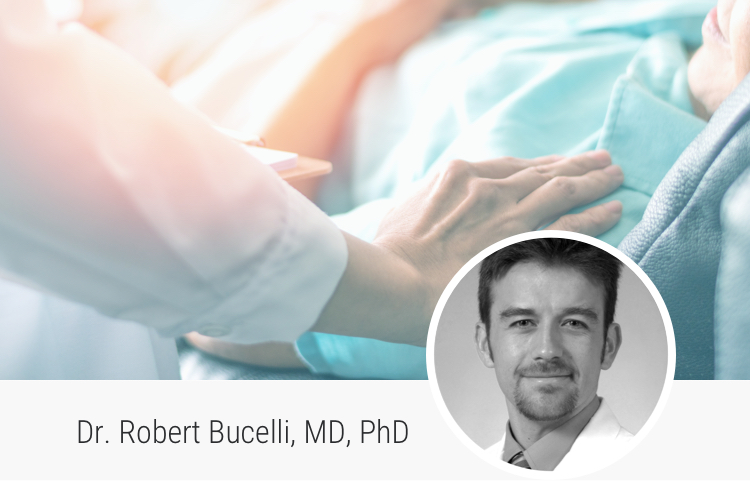 Background image of an healthcare professional visiting a patient and portrait of Dr. Robert Bucelli, MD, PhD