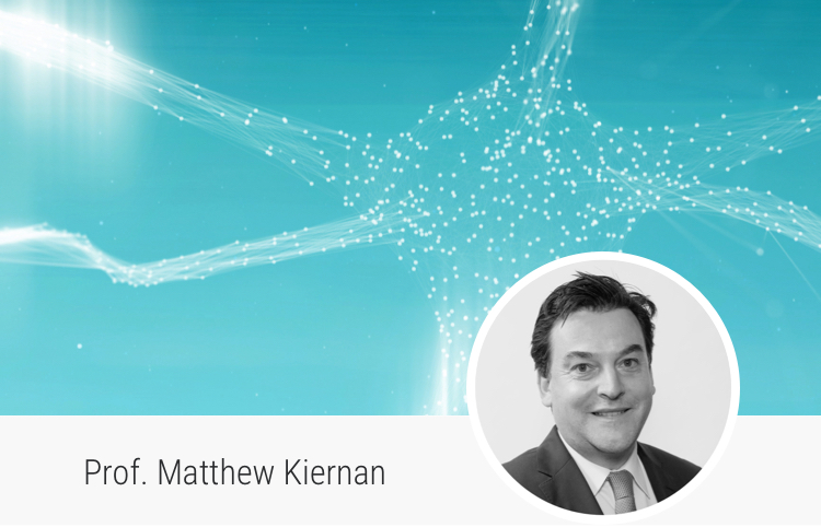 Background image of a neuron and portrait of Prof. Matthew Kiernan