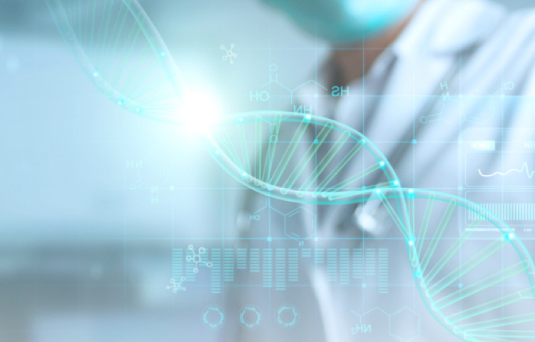 Background image of DNA’s structure and a healthcare professional