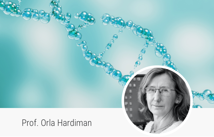Background image of DNA’s structure and portrait of Prof. Orla Hardiman