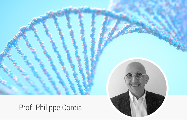 Background image of DNA’s structure and portrait of Prof. Philippe Corcia
